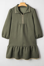 Jungle Green Quarter Zip Collar Bracelet Sleeve Textured Mini Dress