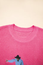 Bright Pink Western Cowboy Embroidery Round Neck Sleeveless Sweater
