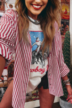 Red Stripe Patched Pocket Side Slit Loose Shirt