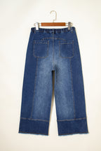 Prussian Blue Drawstring Seam Detail Raw Hem Wide Leg Denim Pants