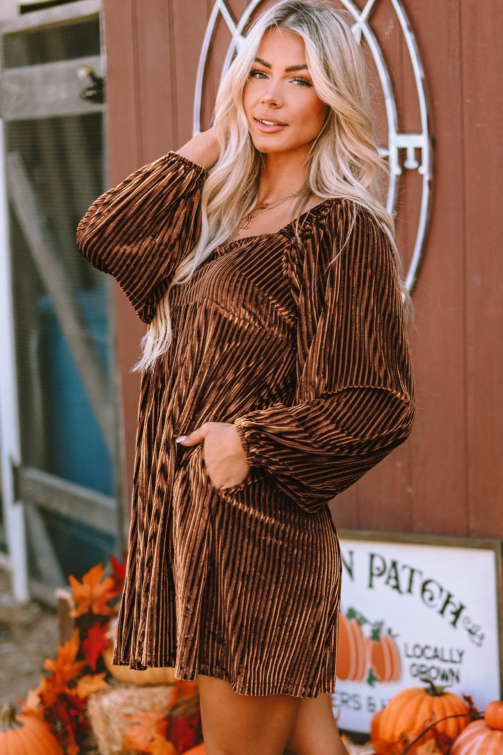 Brown Tie Back Velvet Babydoll Dress