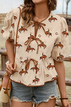 Apricot Cowboy Print Puff Sleeve Bowknot Peplum Blouse