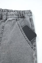 Gray Drawstring Seam Detail Raw Hem Wide Leg Denim Pants