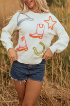 White Tinsel Western Boots Horseshoe Star Knit Crew Neck Sweater