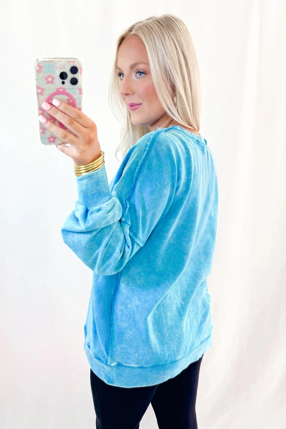 Blue Mineral Wash Raw Seam Double Patched Pocket Pullover