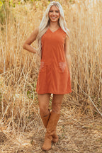 Gold Flame Corduroy Western Embroidered Patched Pocket Shift Sleeveless Mini Dress
