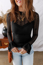 Black Lace Patchwork Flounce Sleeve Slim Fit Top