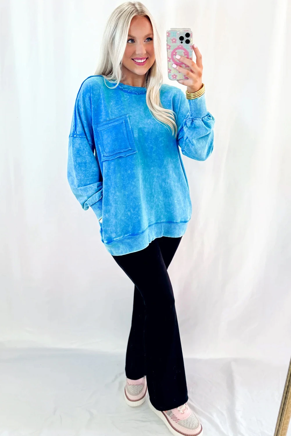 Blue Mineral Wash Raw Seam Double Patched Pocket Pullover