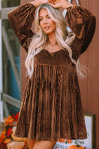 Brown Tie Back Velvet Babydoll Dress