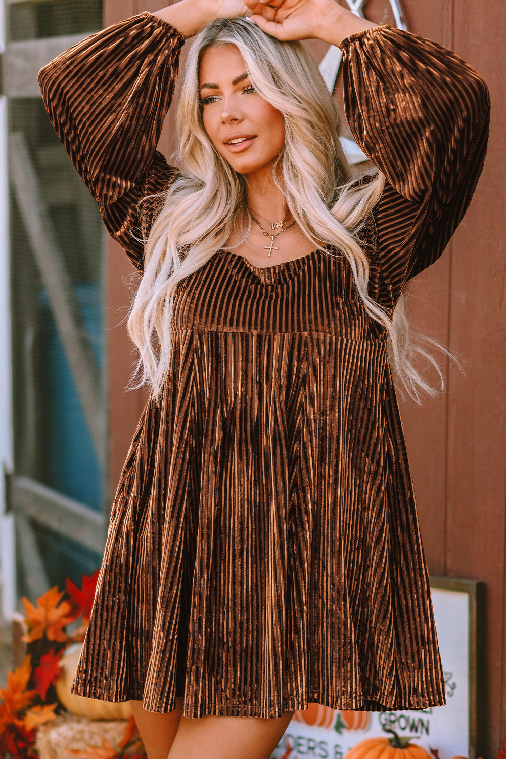 Brown Tie Back Velvet Babydoll Dress