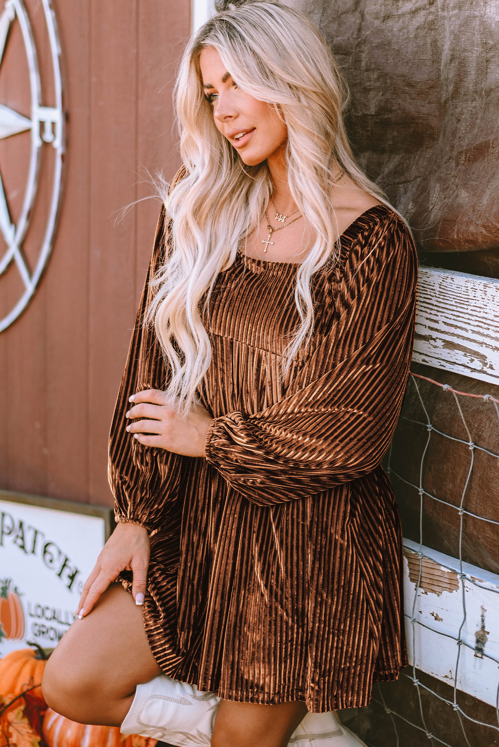 Brown Tie Back Velvet Babydoll Dress