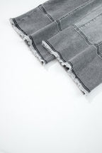 Gray Drawstring Seam Detail Raw Hem Wide Leg Denim Pants