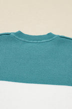 Green Color Block Plain Ribbed Knit Baggy Sweater