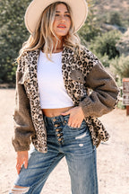 Brown Sherpa Leopard Print Flap Pocket Collared Button Up Jacket