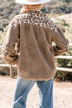 Brown Sherpa Leopard Print Flap Pocket Collared Button Up Jacket
