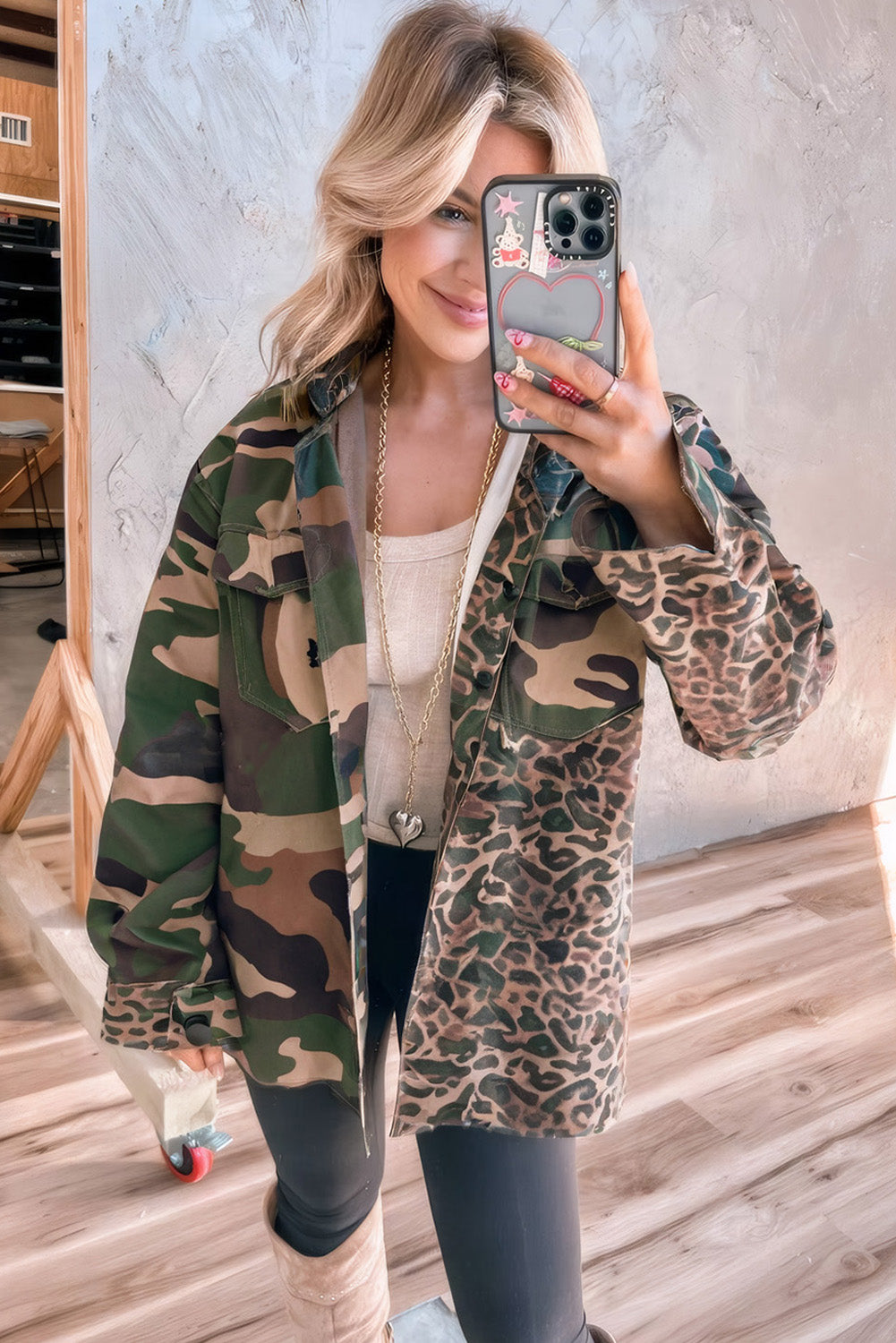 Brown Leopard Camo Patchwork Oversize Shacket