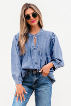 Myosotis Denim Front Pintuck Bow Tie Puff Sleeve Top
