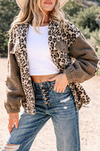 Brown Sherpa Leopard Print Flap Pocket Collared Button Up Jacket