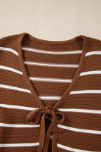 Chestnut Tie Front Striped Knit V Neck Cardigan Sweater