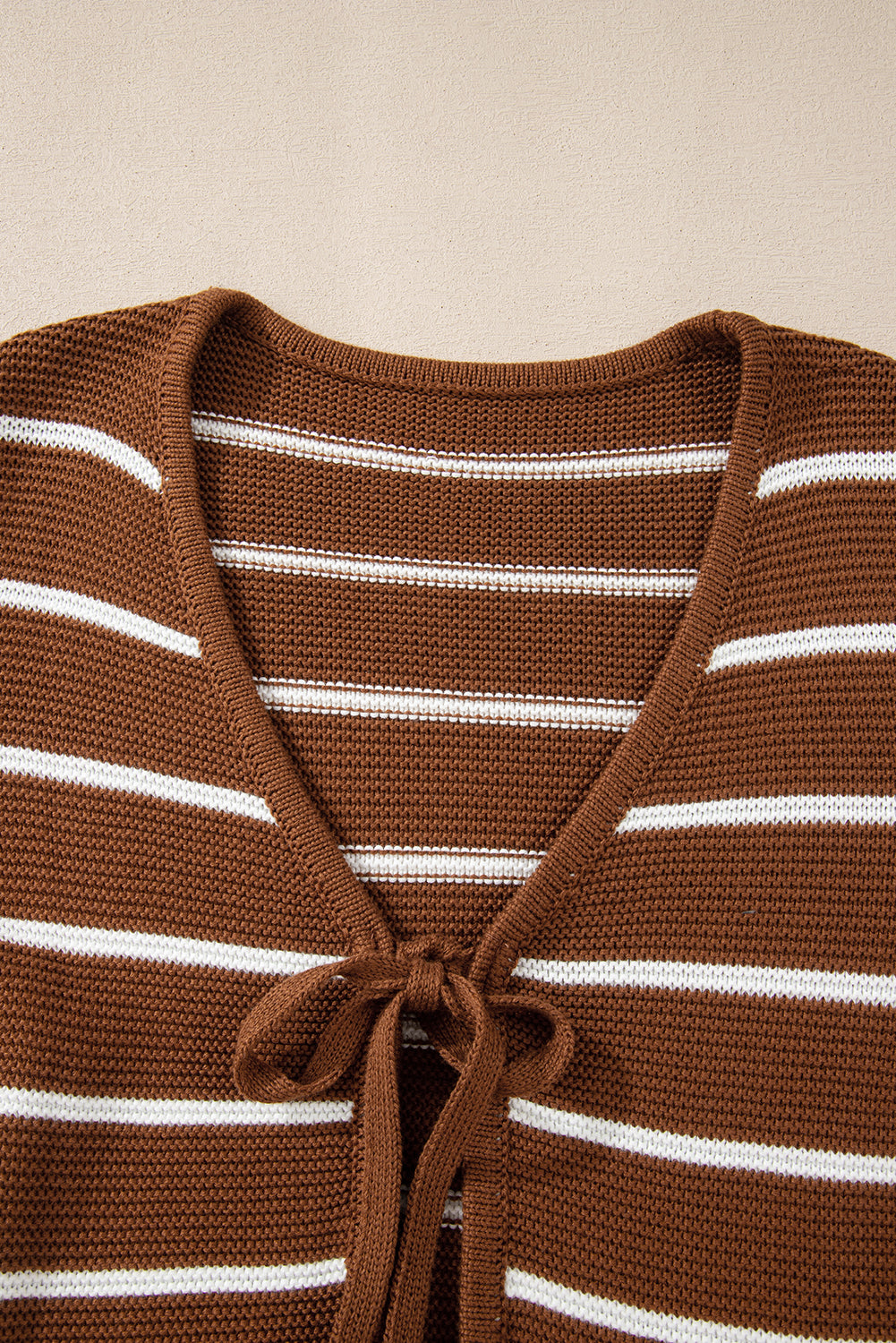 Chestnut Tie Front Striped Knit V Neck Cardigan Sweater