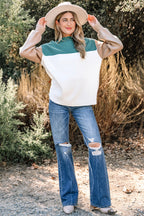 Green Color Block Plain Ribbed Knit Baggy Sweater