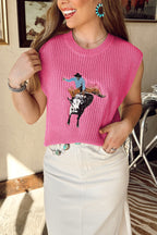 Bright Pink Western Cowboy Embroidery Round Neck Sleeveless Sweater