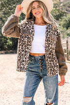 Brown Sherpa Leopard Print Flap Pocket Collared Button Up Jacket