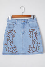 Beau Blue Western Embroidered Denim Mini Skirt