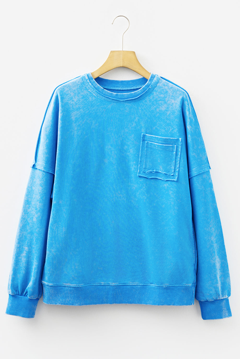 Blue Mineral Wash Raw Seam Double Patched Pocket Pullover