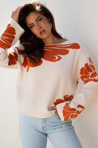 Beige Bold Flower Pattern Wide Sleeve Baggy Sweater