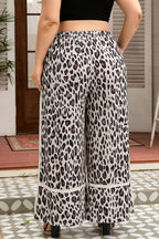 Khaki Exposed Seam Patched Pocket Plus Size Drawstring Leopard Wide Leg Pants