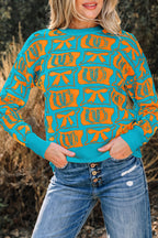 Light Blue Bows & Horseshoes Pattern Western Fashion Print Sweater